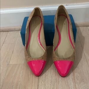 Kate Spade flats with cork on sides and pink patent leather on toes.